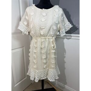 Merci Cream Textured Floral Short Sleeve Belted Mini Dress Women's M